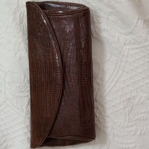 Vintage Brown Leather Lizard skin clutch purse